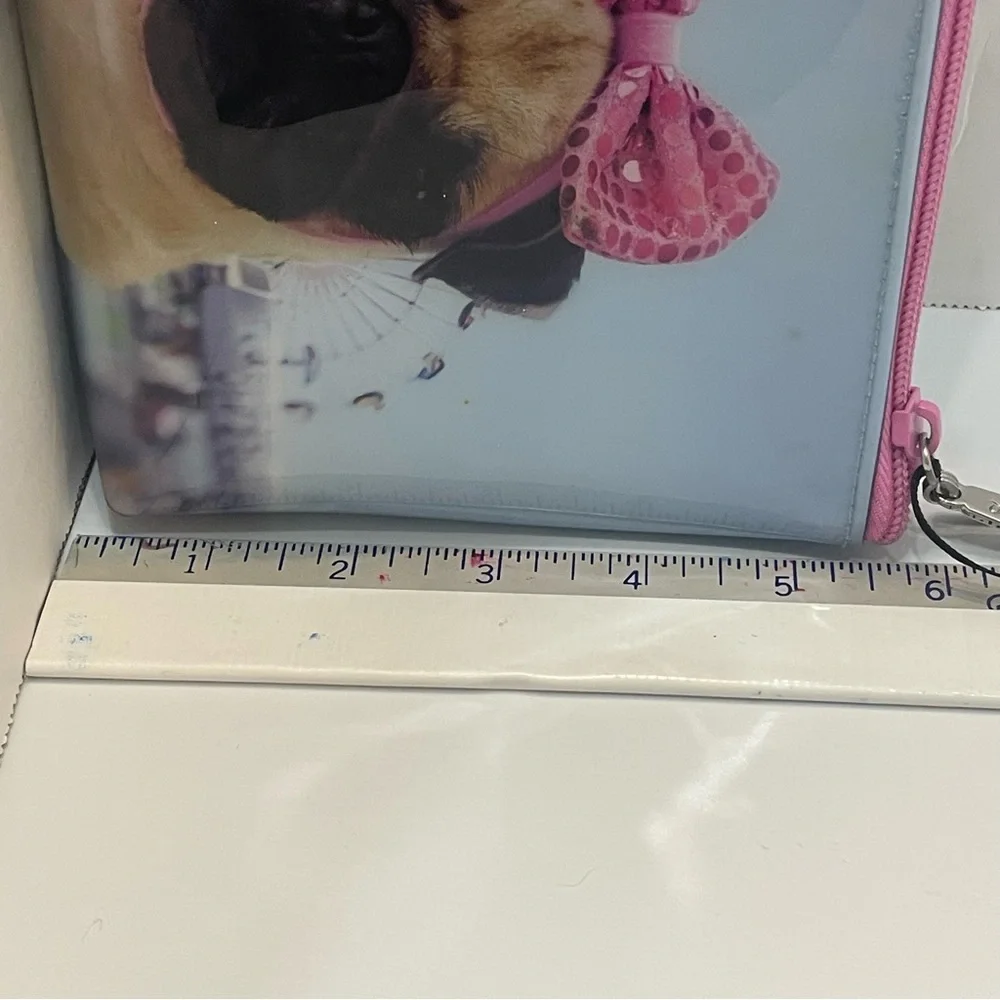 Catseye London Pug Dog Cosmetic Bag with Pink Bow. Zipper. Used. Vinyl.